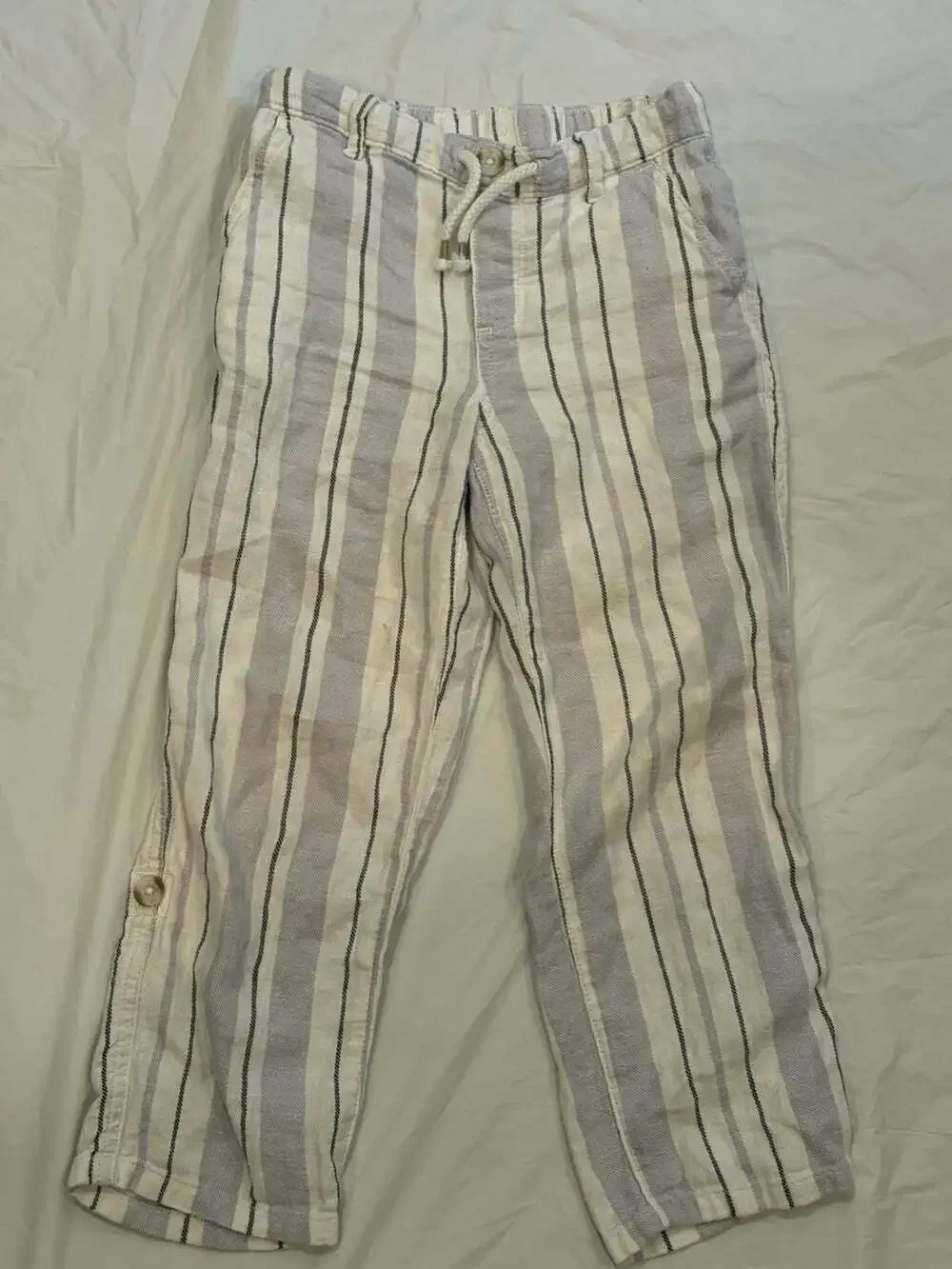 Gymboree Pants Boys Size S Grey Striped Linen Blend Elastic Waist Draw String